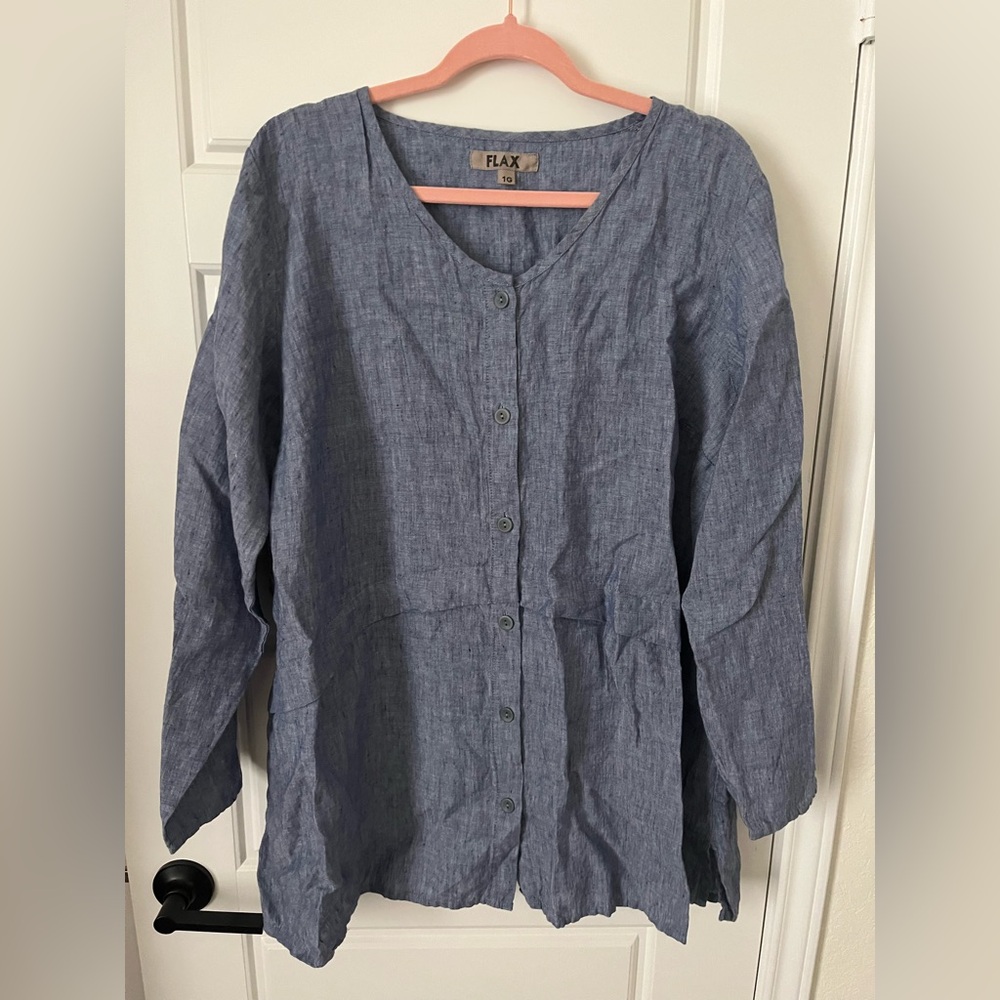 NWOT Flax 100% Linen Long Sleeve Shacket Blue Top 1G Collarless
